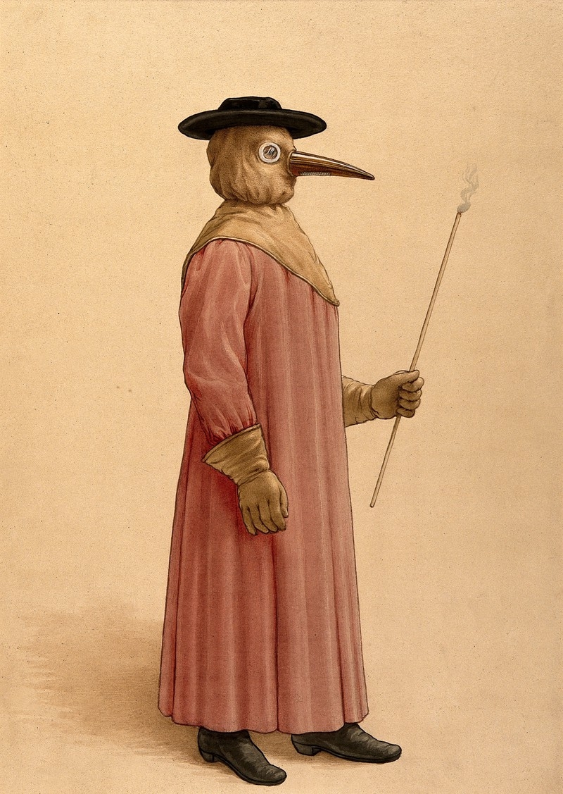 Watercolour painting of a figure wearing a long pink robe, brown gloves and hood with a beak. They wear a black hat and holding a thin stick with fumes coming off the top.
