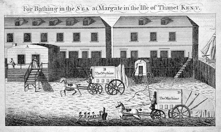 Drawing of horsedrawn bathing carts for swimmers to change in on an enclosed area of beach at Margate in the Isle of Thanet, Kent.