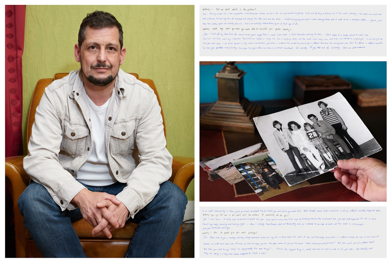 Photograph of an individual sat in an armchair. They are looking straight to camera and behind them the wall is green in colour. To the right of this photograph is another photograph showing two hands holding a family photo album showing an empty page. Above and below this image are images of handwritten texts.