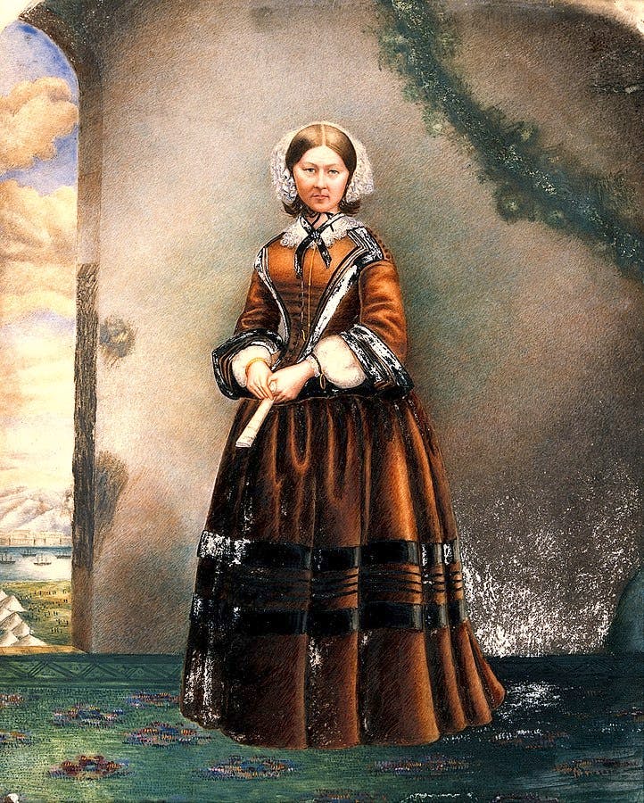 Coloured oil painting of Florence Nightingale. A Crimean or Turkish scene is visible on the left.