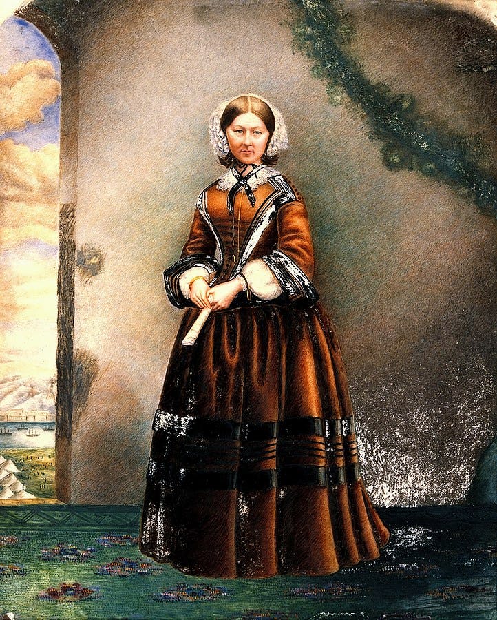 Coloured oil painting of Florence Nightingale.  A Crimean or Turkish scene is visible on the left. 