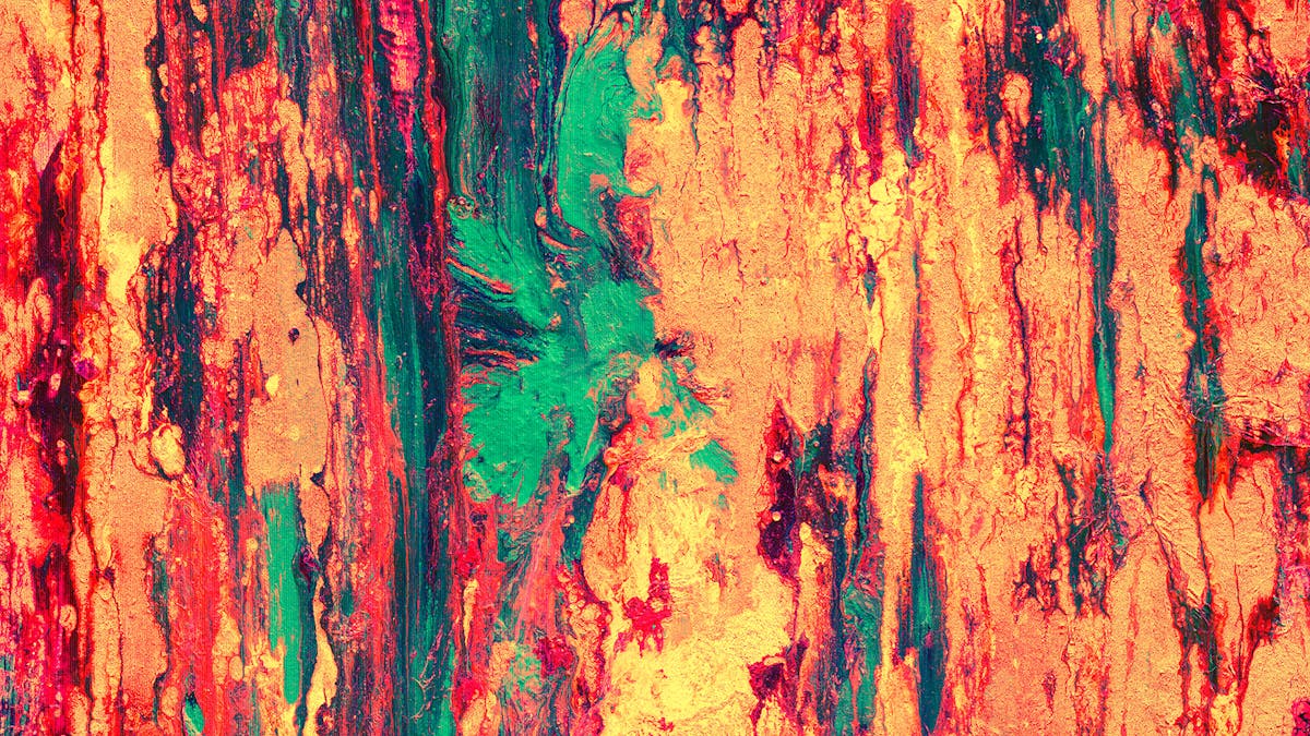 Brightly coloured abstract painting; predominantly red, orange, yellow and green.