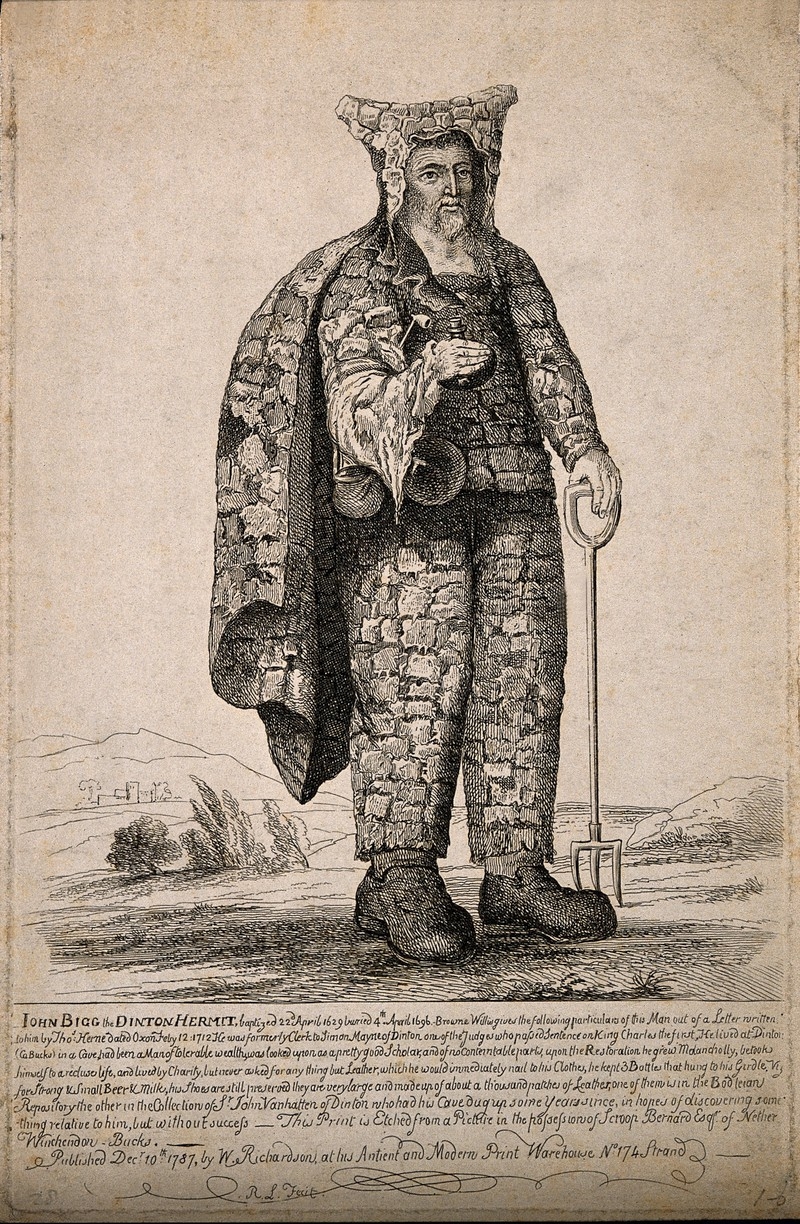 Sepia sketch of a man with a beard wearing strange patchwork clothes and holding a pitchfork