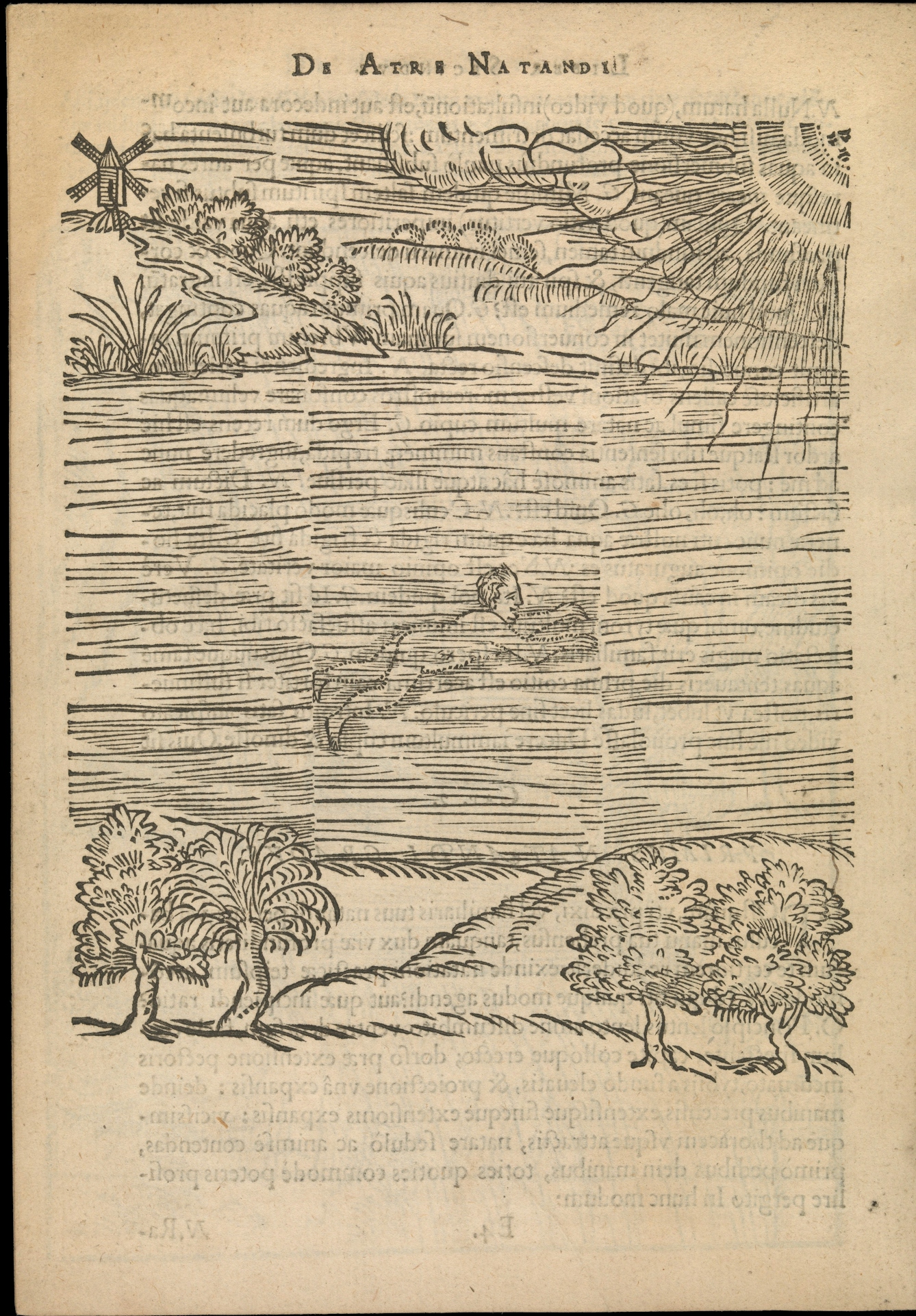 Line engraving of a man swimming in a body of water with trees on the shore below and a windmill on the shore above.