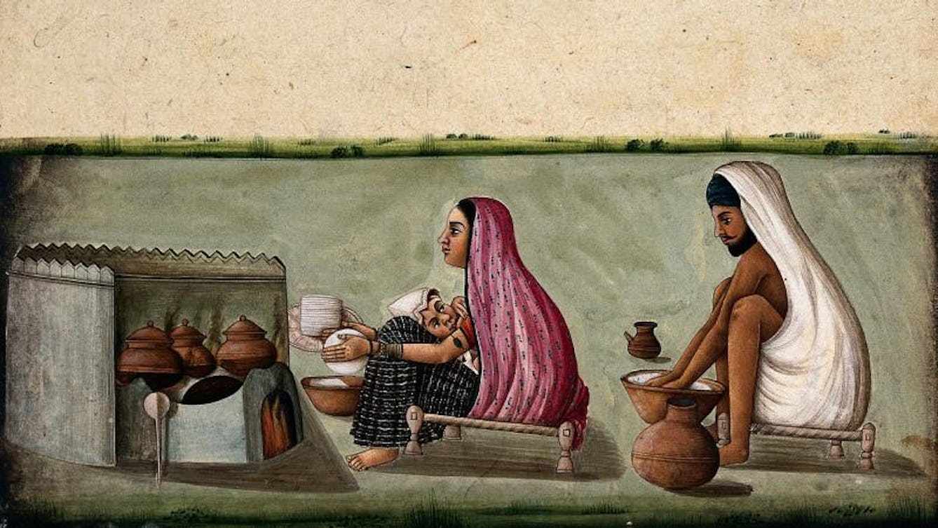 Painting of a women breast feeding her child while making rice, as a person behind her, presumably her husband, makes rice too.
