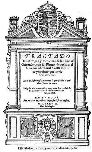 Title page of Tractado Delas Drogas y Medicinas de las Indias 