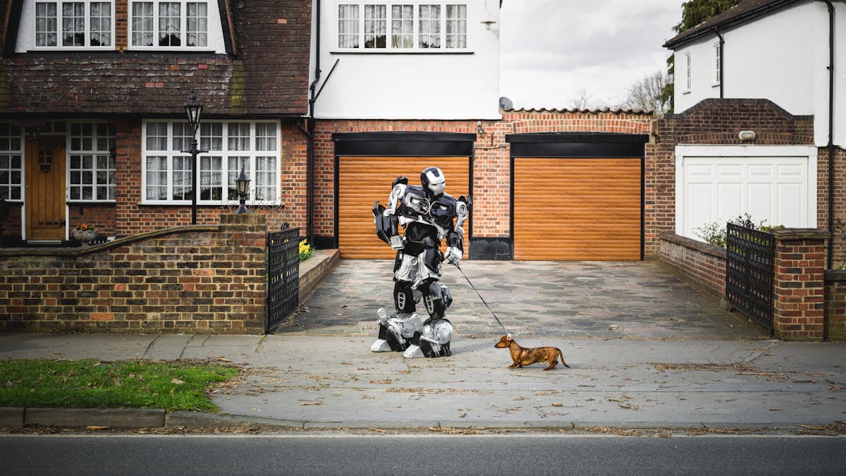 Photograph of a robot holding a small dog on a lead, standing on a typical suburban pavement in front of a house.