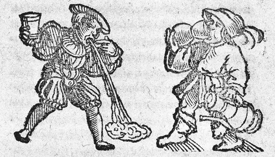 Woodcut image of two men, one vomiting whilst holding his cup and one still drinking.