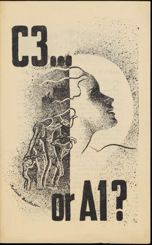 A black-and-white drawing on a page in a book, showing the profile of a women with line drawings of unwell people behind her