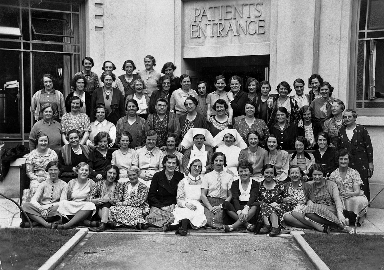 A group of women pose outside of the patients entrance at the Birmingham Hospital Saturday Fund Convalescent Home.