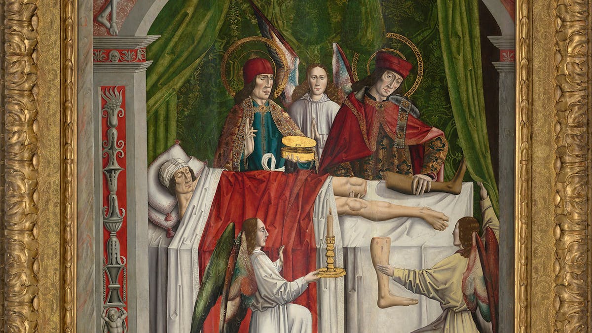 A verger’s dream: Saints Cosmas and Damian performing a miraculous cure by transplantation of a leg. Oil painting attributed to the Master of Los Balbases, ca. 1495.