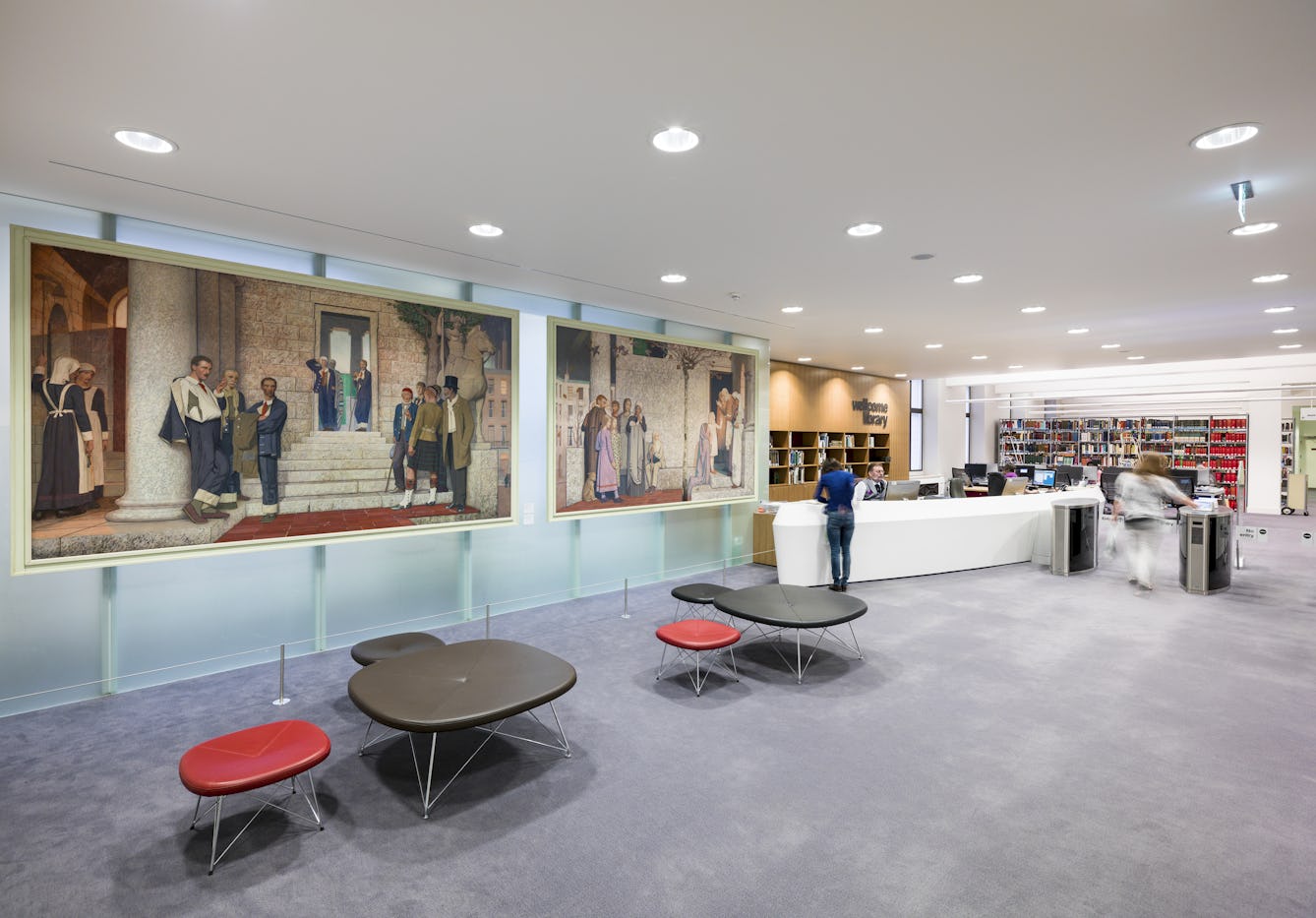 Photograph of the entrance desk of the library at Wellcome Collection