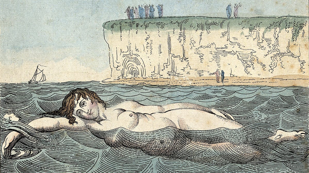 Drawing of a naked woman swimming in the sea, as distant figures stand on a cliff in the background