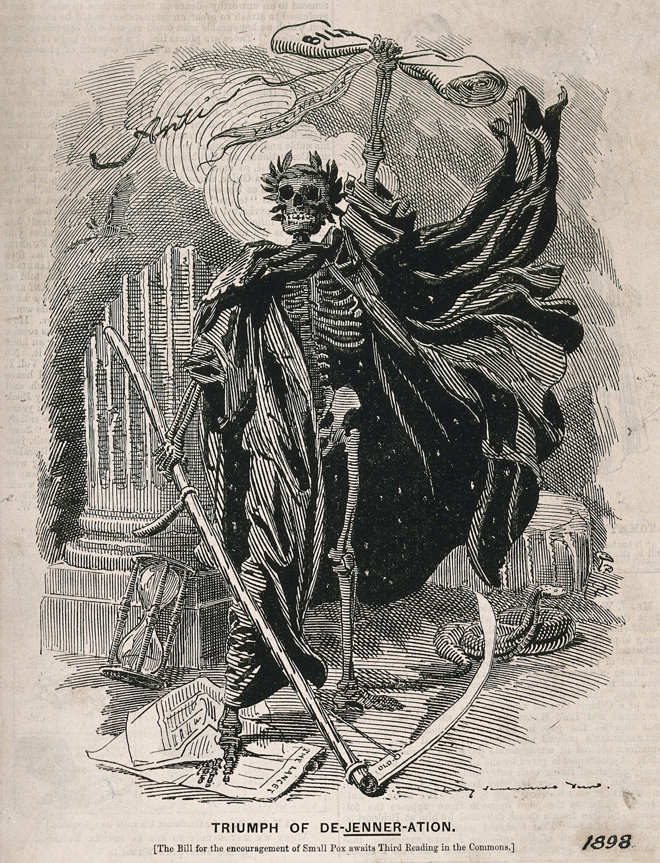Death as a skeletal figure wielding a scythe, representing fears concerning the Act of 1898 which made vaccination against smallpox compulsory. 