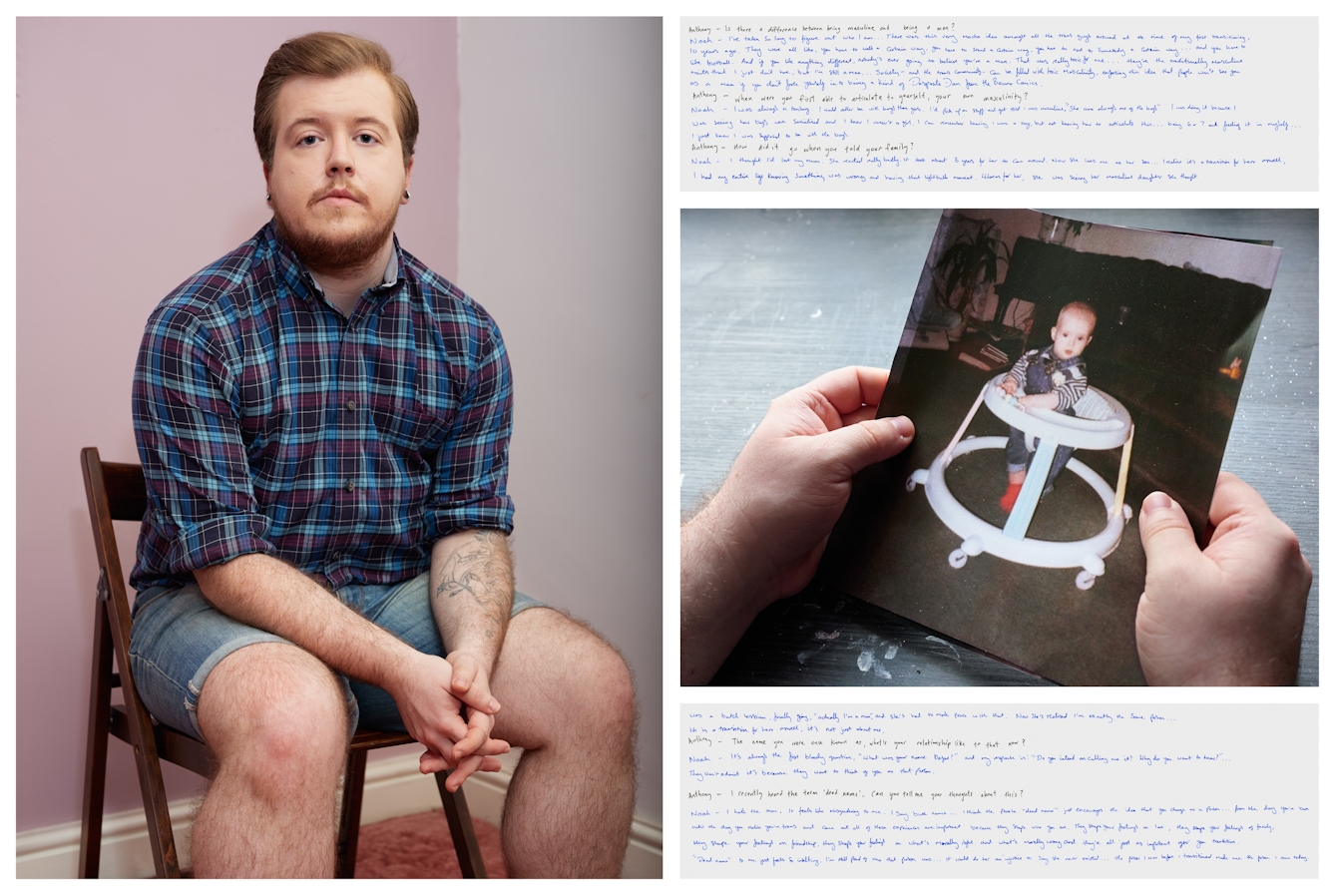 Photograph of an individual sat on a chair in the corner of a room. They are looking straight to camera and behind them one of the walls is pink in colour. To the right of this photograph is another photograph showing two hands holding a family photo of a toddler in a baby walker. Above and below this image are images of handwritten texts.