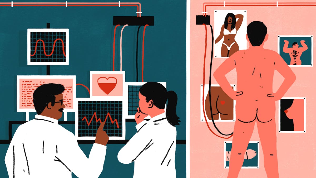 Two scientists study the sexuality of a man.