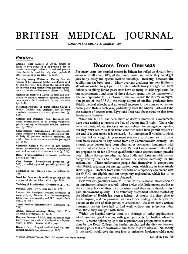 Image of the cover of the British Medical Journal from 22 March 1969. The headline story is "Doctors from Overseas".