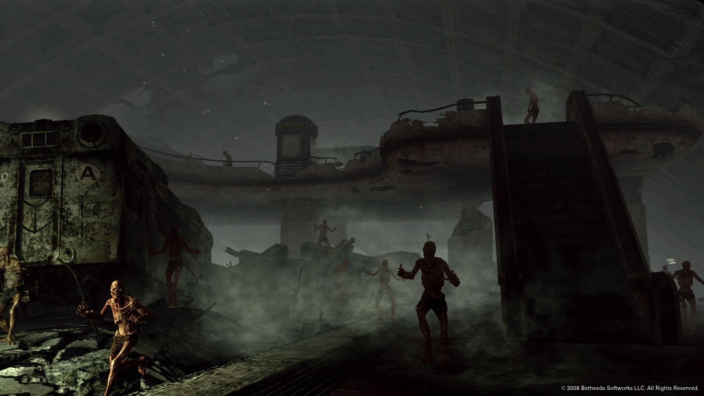 A city in ruins with a collapsing bridge, eerie fog, and mutant humanoid creatures roaming the streets.