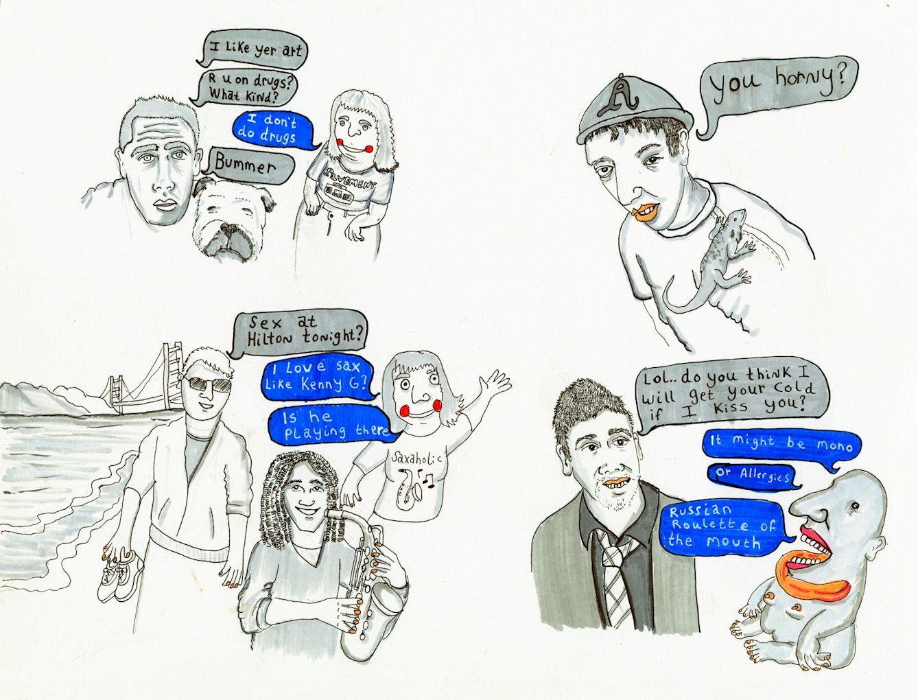 Pen and ink sketches of people, with their Tinder comments handwritten inside speech bubbles.
