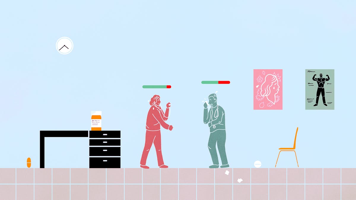 Illustration of two doctors coughing and talking to each other in a GP office. There are game-like bars over their heads, representing their level of health.