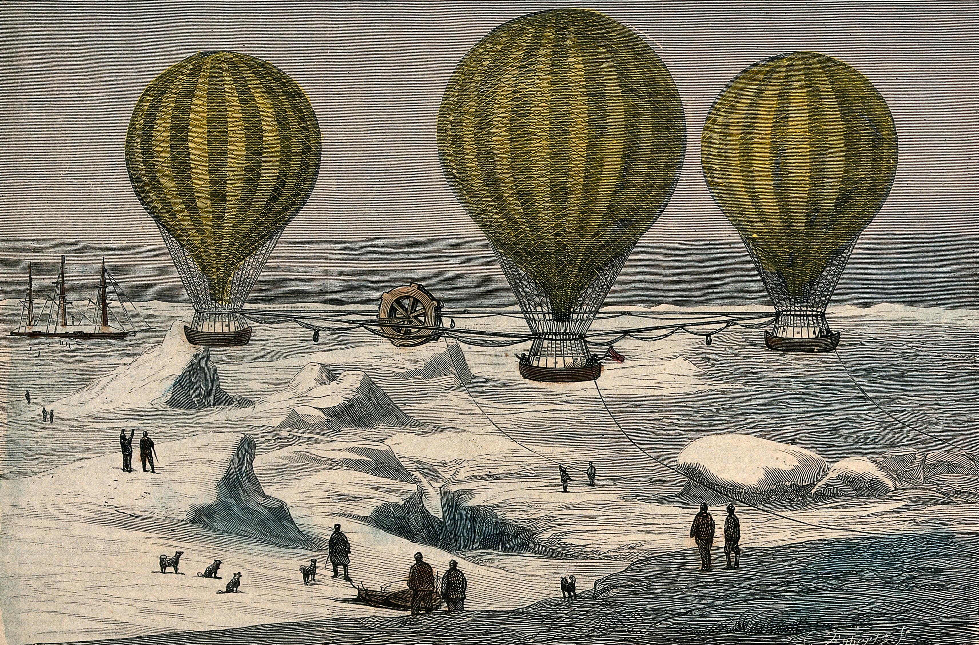 Coloured wood engraving showing people and dogs looking on as three hot-air balloons travel over a snowy landscape.