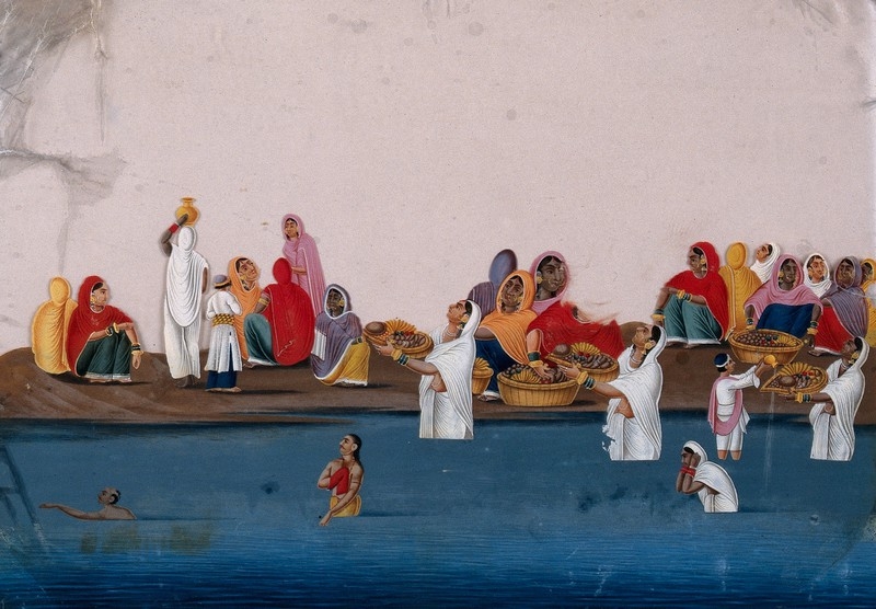 Indian painting of people bathing in a river wearing bright saris and carrying baskets of fruit.