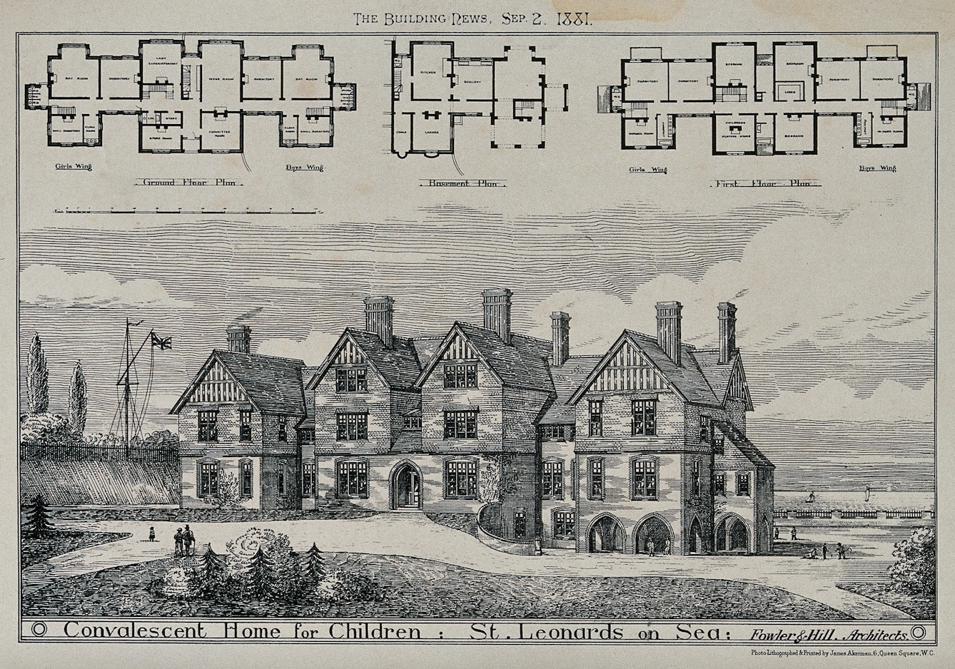 Perspective view of the Convalescent Home for Children, St Leonards. Floor plans are also included. 