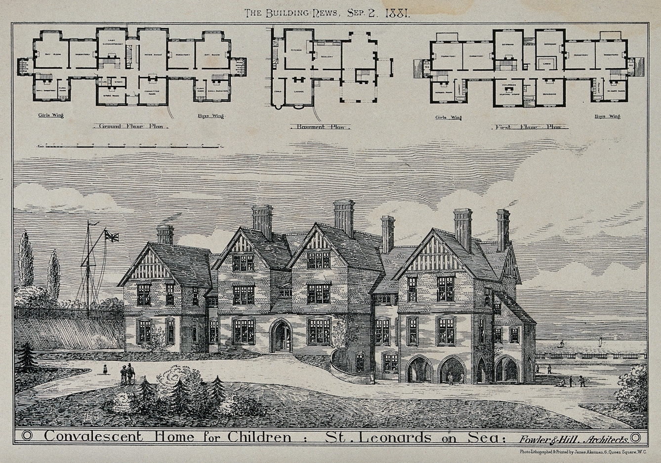 Perspective view of the Convalescent Home for Children, St Leonards. Floor plans are also included.