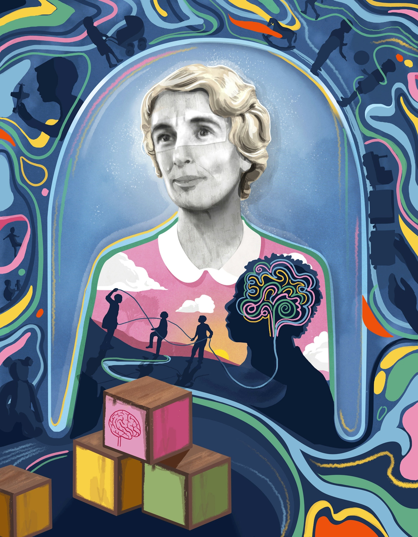Illustration of Robina Addis showing her surrounded by swirling images of children playing. In the space of her torso there is an image of a child's brain with lines flowing out and forming ropes that children are using to skip. In front are building blocks with brain drawings. 
