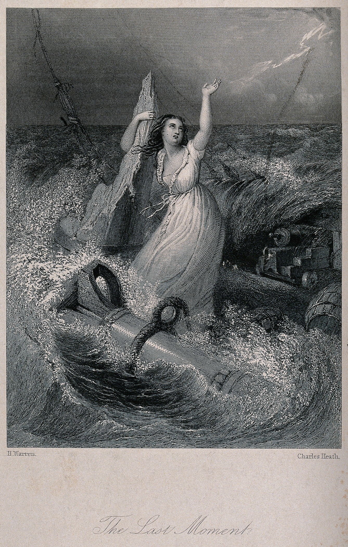 A shipwrecked lady holds on to the remains of a ship-mast waving for help in the stormy sea. Engraving by C Heath after H Warren.