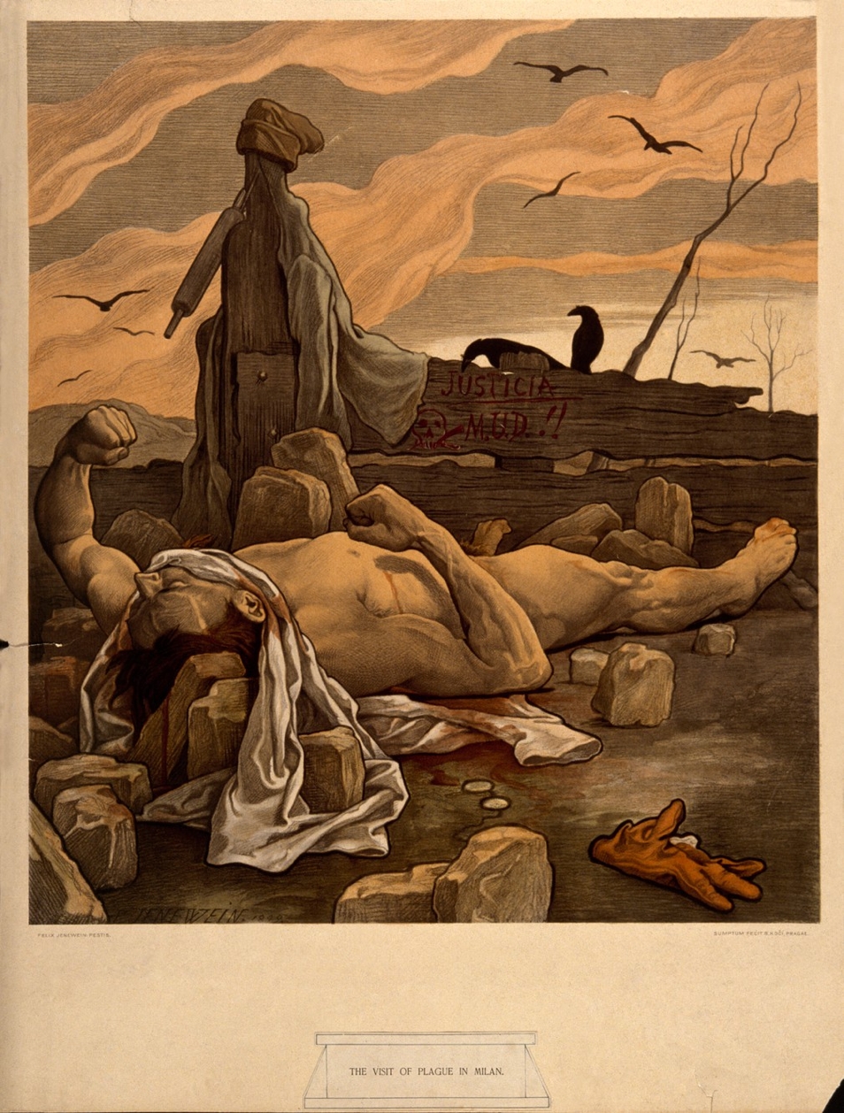 The image shows a man lying dead on some rocks. Crows fly overhead. The man's fists are still clenched and there is blood on the floor beneath him. He has a white cloth wrapped around his face.