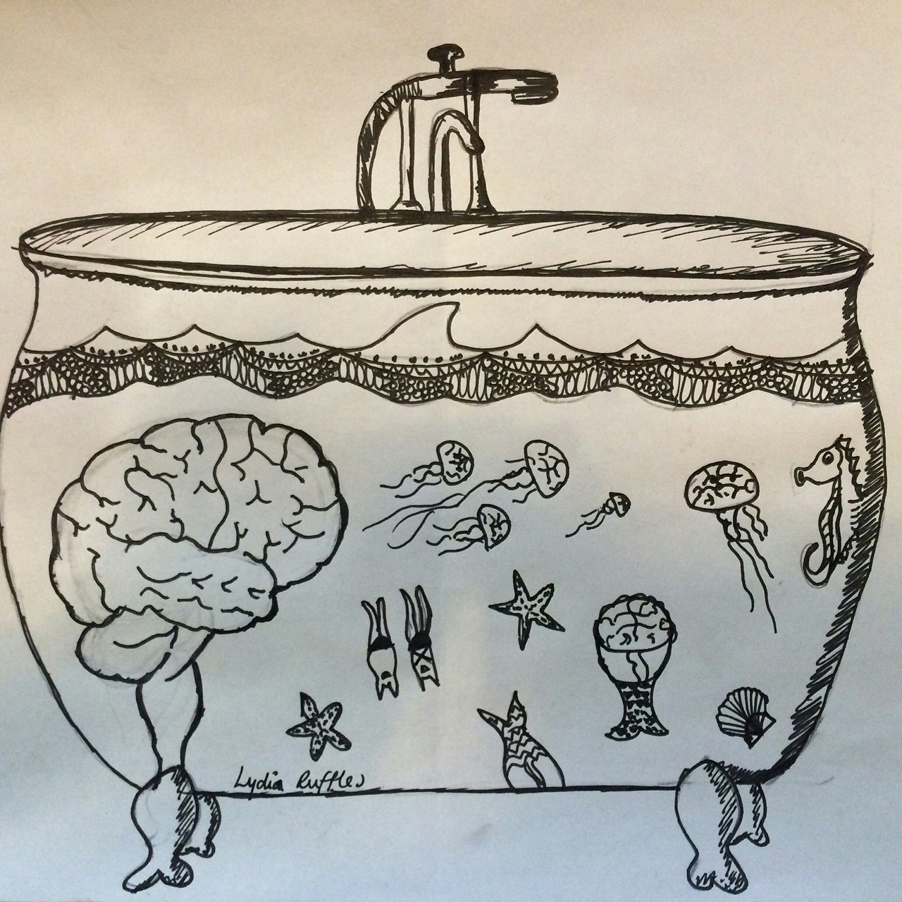 Drawing in black ink of a roll-top bath filled with water, with a brain and various marine creatures inside it.