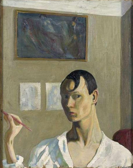 Painted self-portrait from the 1920s of artist Peet Aren in a white shirt.