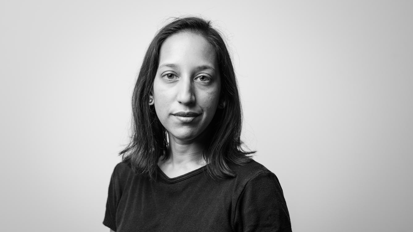 Photographic black and white, head and shoulders portrait of Bidisha SK Mamata.