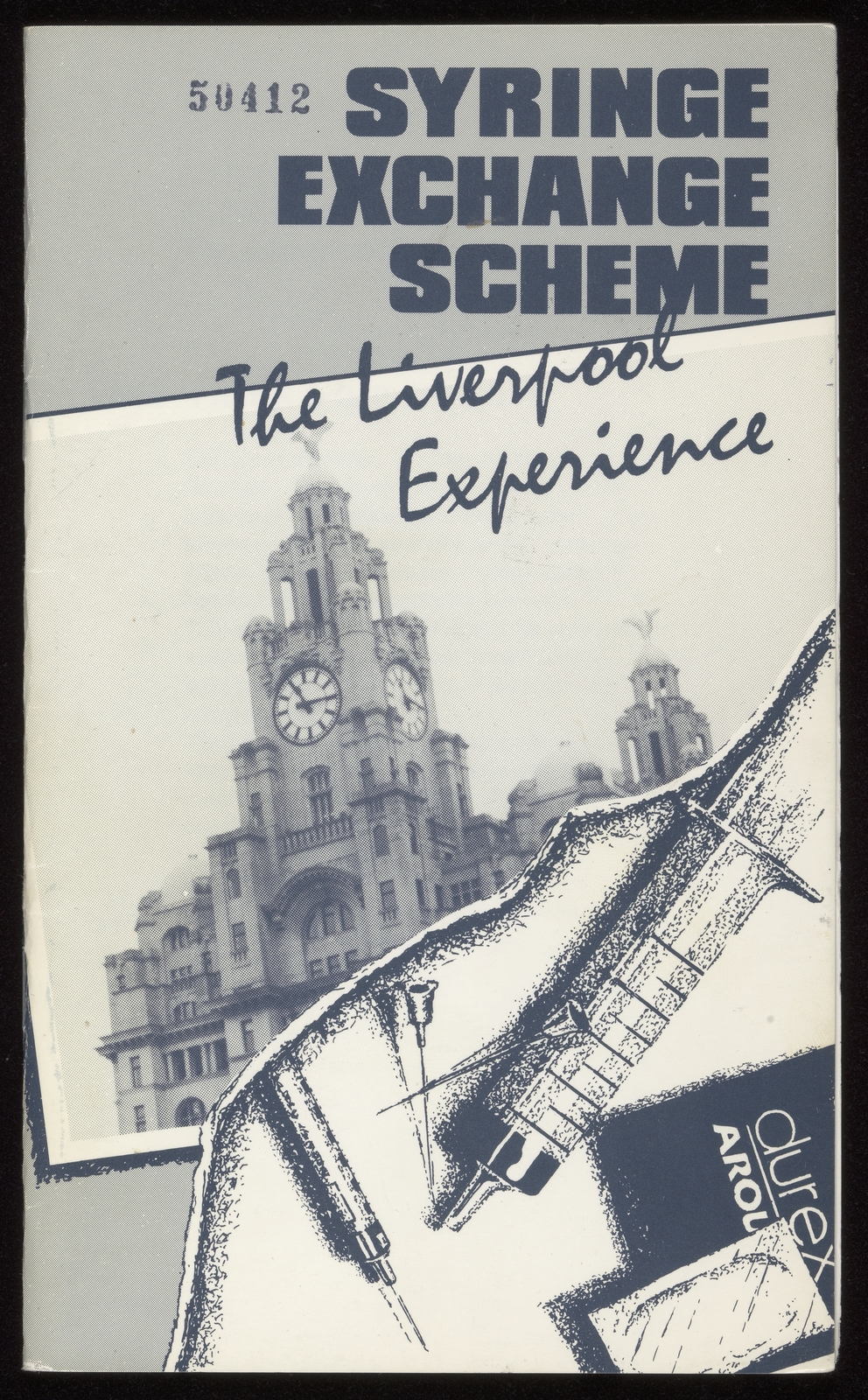 Black and white front cover of a pamphlet, featuring an image of municipal building, a syringe and needles, and a condom packet.