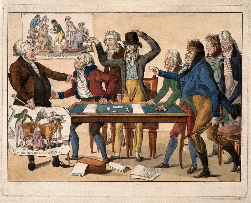 The Image shows seven members of the french committee on vaccination shouting at a man called Tapp, who is a health officer that resists the new discovery. They lean over a table and all shout at him angrily. They are all wearing 19th century french attire. Tapp holds a poster that reads 'L'origne de la vaccine'