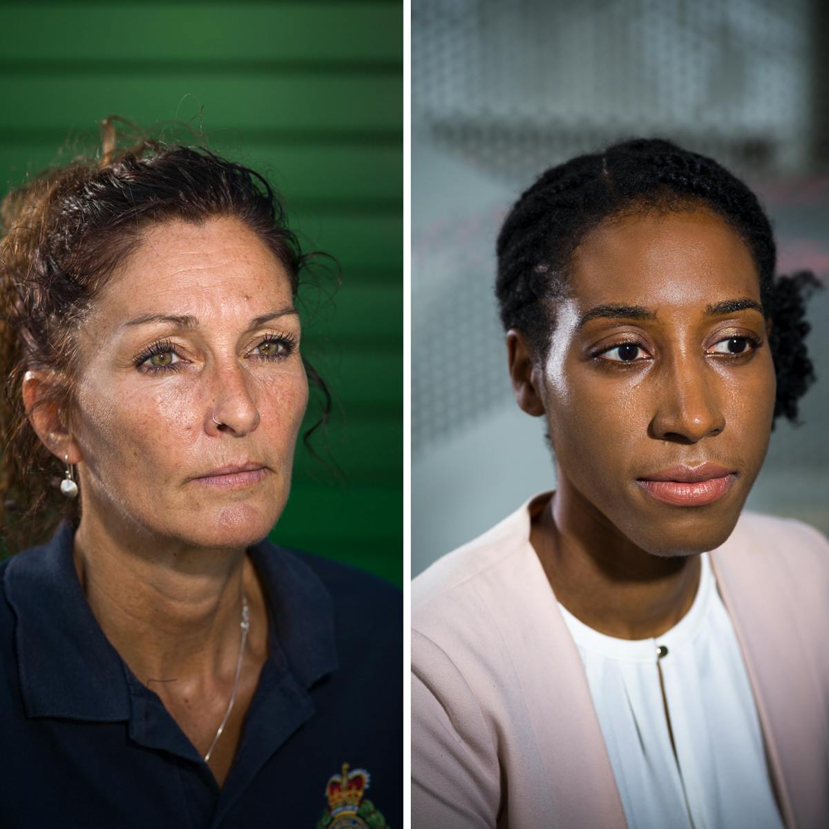 Photographic triptych showing the head and shoulders of three women.