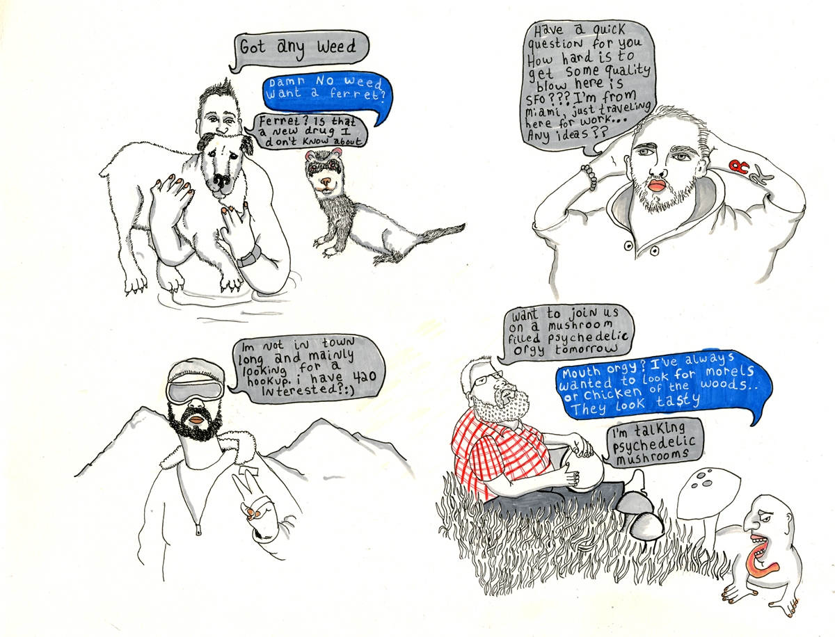 Pen and ink sketches of people, with their Tinder comments handwritten inside speech bubbles.
