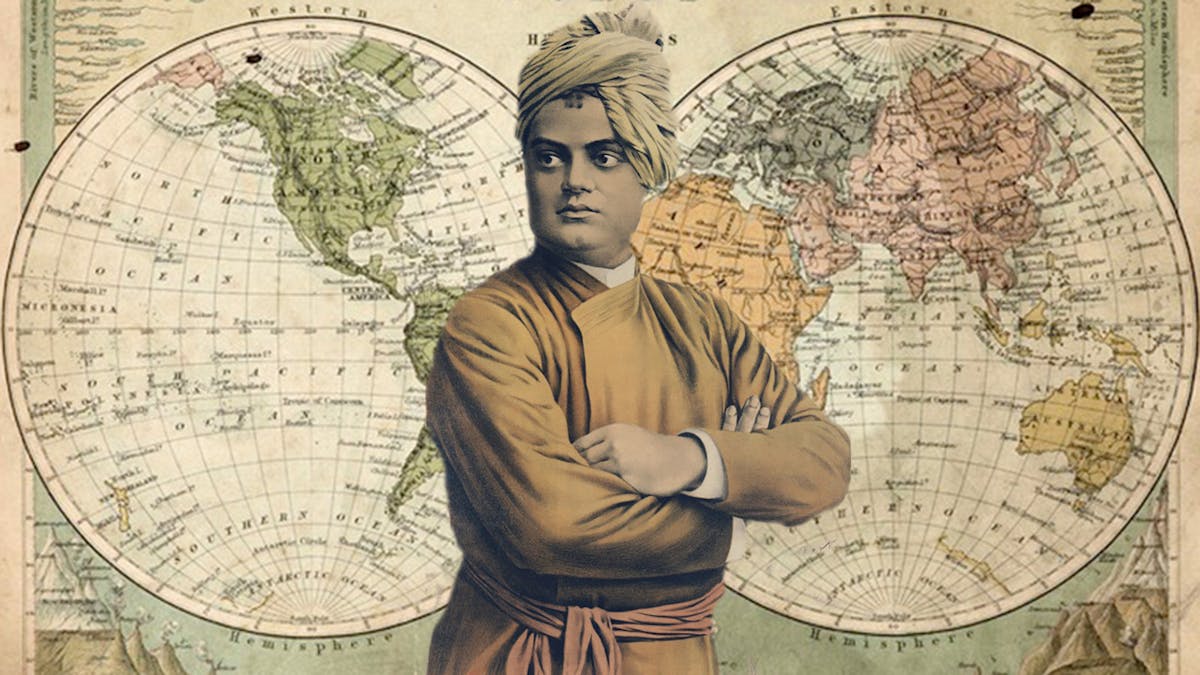 Vivekananda standing infront of the Western and Eastern hemispheres of the world