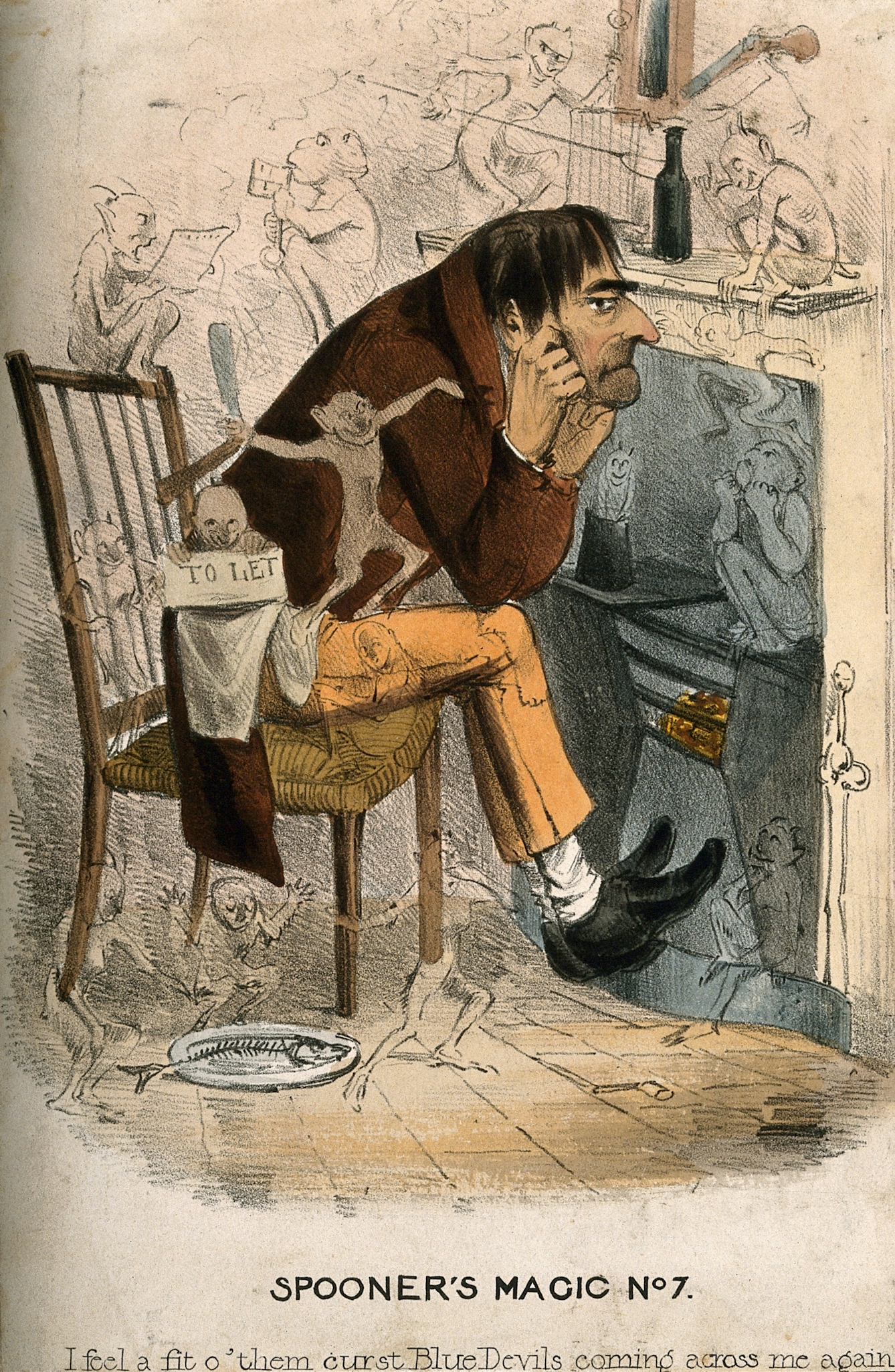 Caricature of a depressed man surrounded by 'blue devils' 