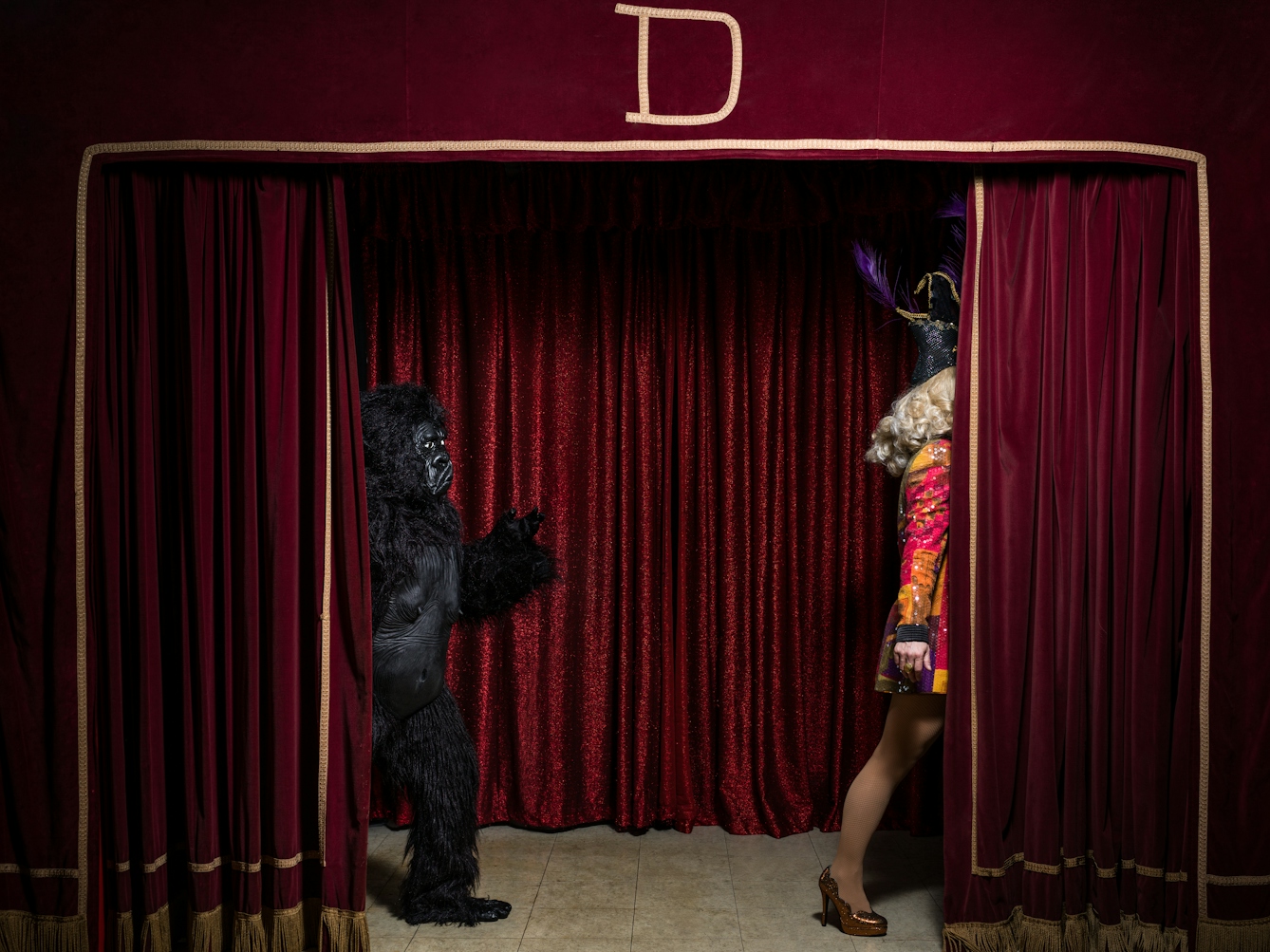 Photograph of a theatre stage made up of red curtains with gold trim. A person in a gorilla costume enters stage left as a colourful magical performer exits stage right.