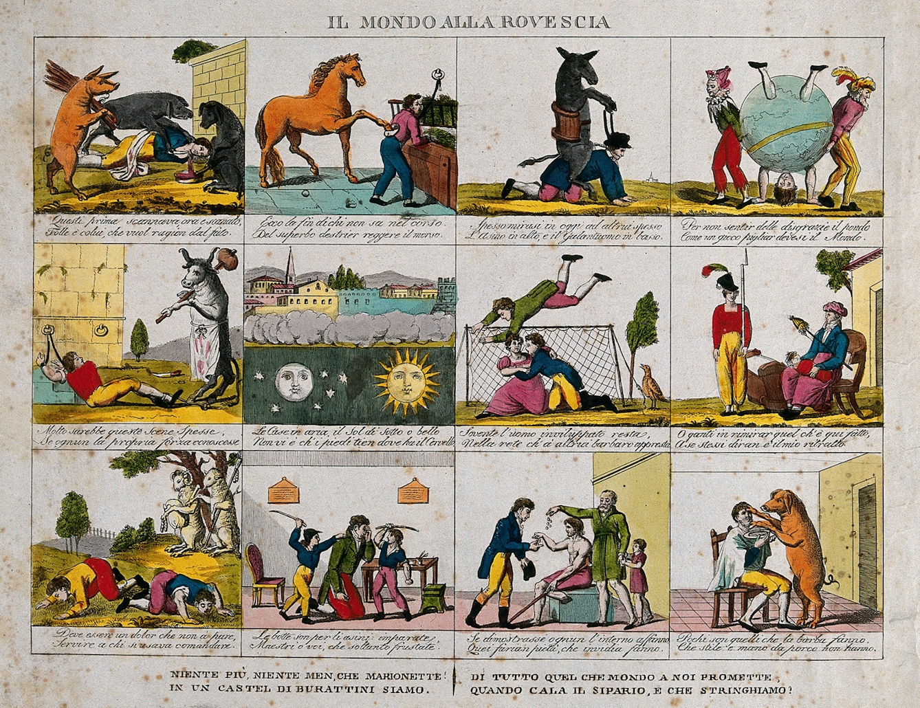 A colour cartoon depicting a series of scenes where animals and humans have swapped roles.