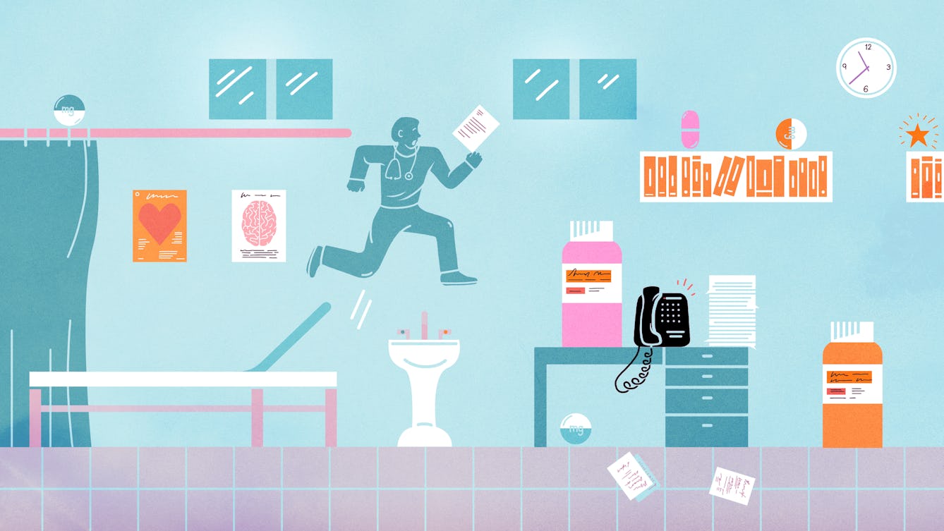 Illustration of a doctor in the style of a video game, jumping over numerous obstacles such as a pile of papers, a ringing telephone, oversized medicine bottles, all while on the clock.