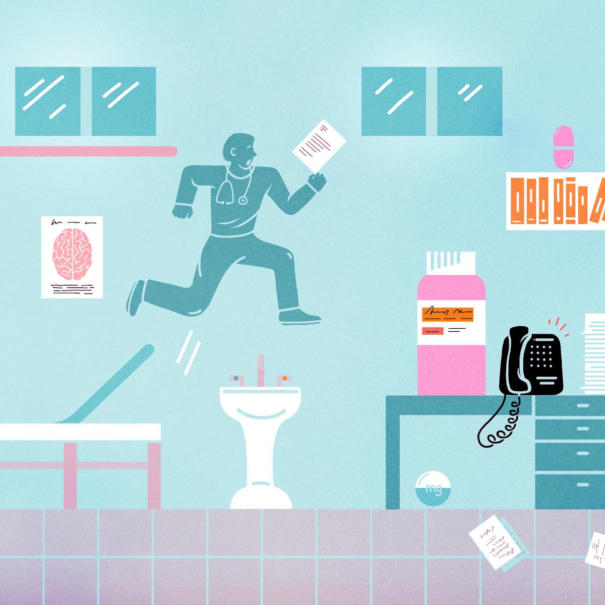 Illustration of a doctor in the style of a video game, jumping over numerous obstacles such as a pile of papers, a ringing telephone, oversized medicine bottles, all while on the clock.