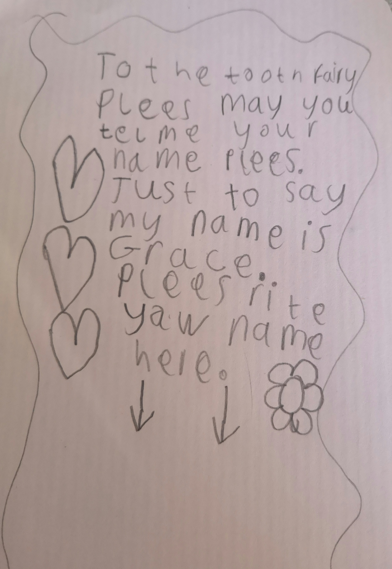Letter written in pencil on pale pink paper. Reads: To the Tooth Fairy. Please may you tell me your name please. Just to say my name is Grace. Please write your name here.