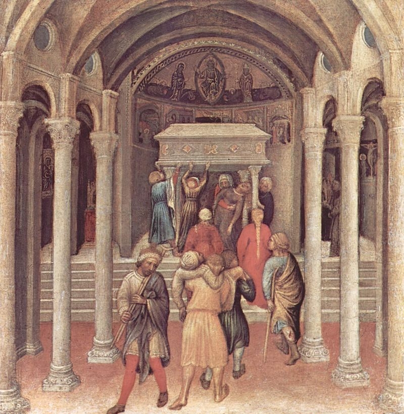 Painting by Gentile de Fabriano depicting the tomb of the saint being carried. 