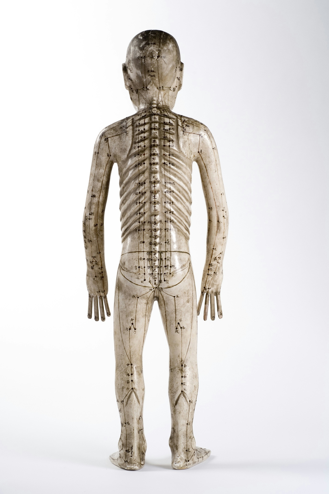 An image of a human figure made from papier mache with acupuncture points marked on it.