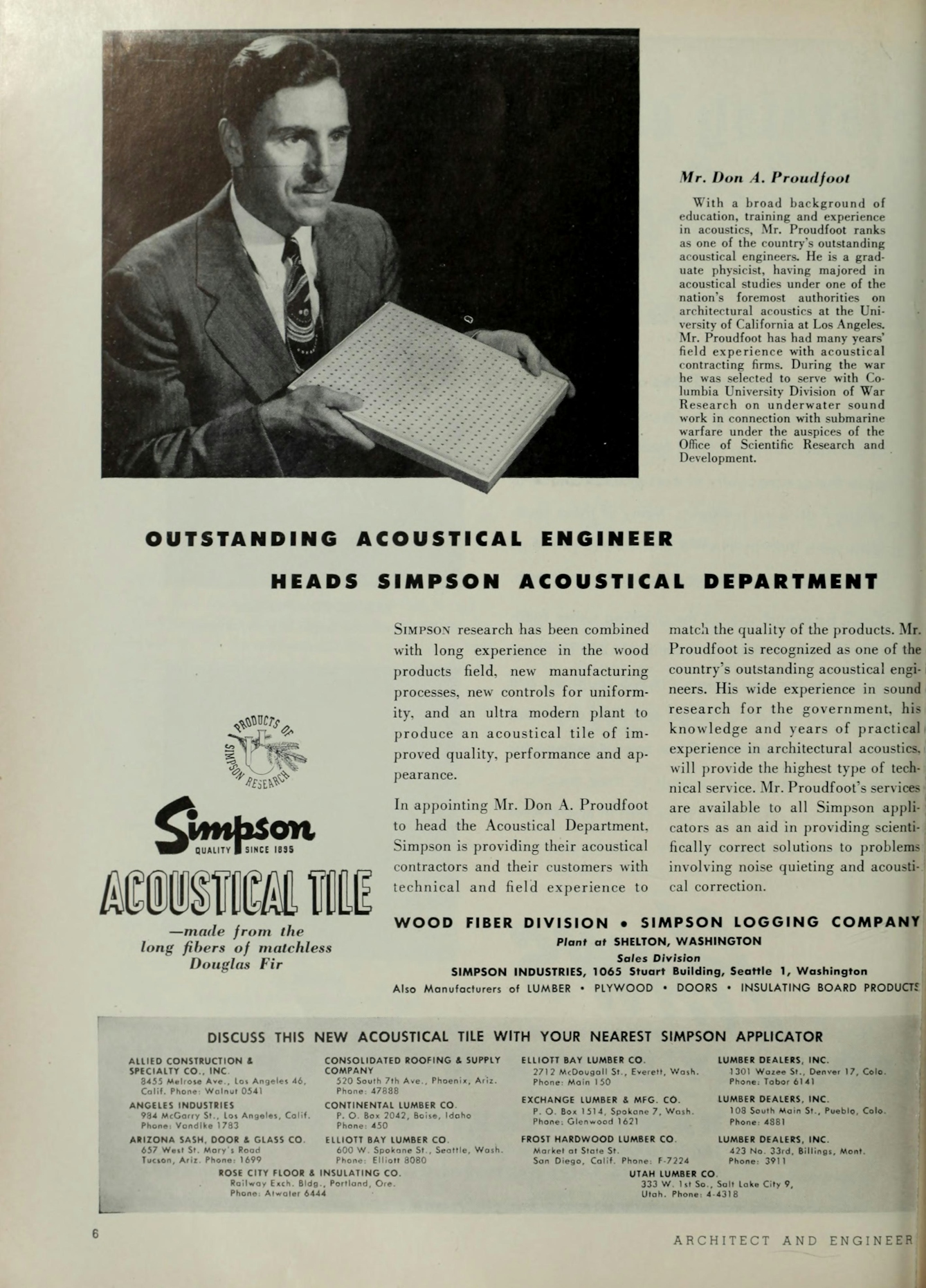 Scanned image from a black and white 'Architect and Engineer' magazine page. Image at the top shows a man, named as Mr Don A. Proudfoot, holding a piece of soundproofing material called the Simpson Acoustical Tile.