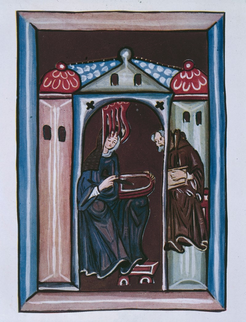 Image of colour painting with a woman and a monk inside a church