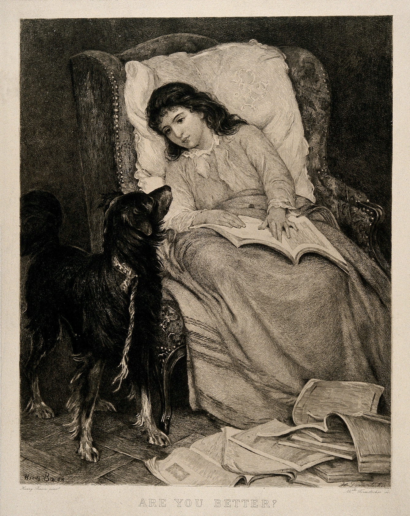 Black and white reproduction of a painting showing a young girl seated in an armchair with a dog beside her.